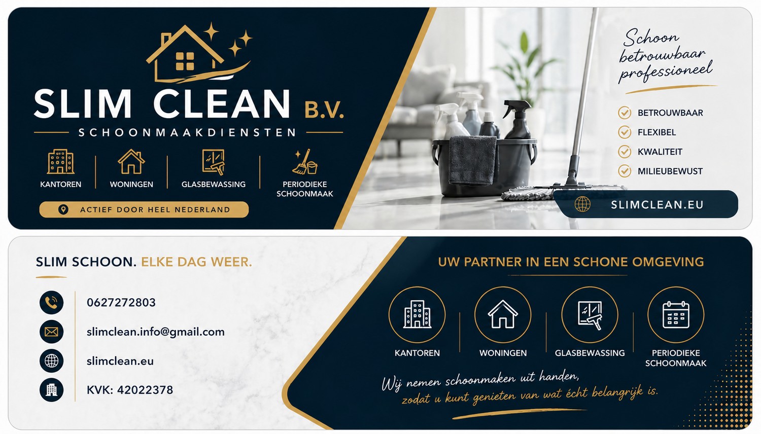 Slim Clean B.V. visitekaartje ontwerp met schoonmaakdiensten